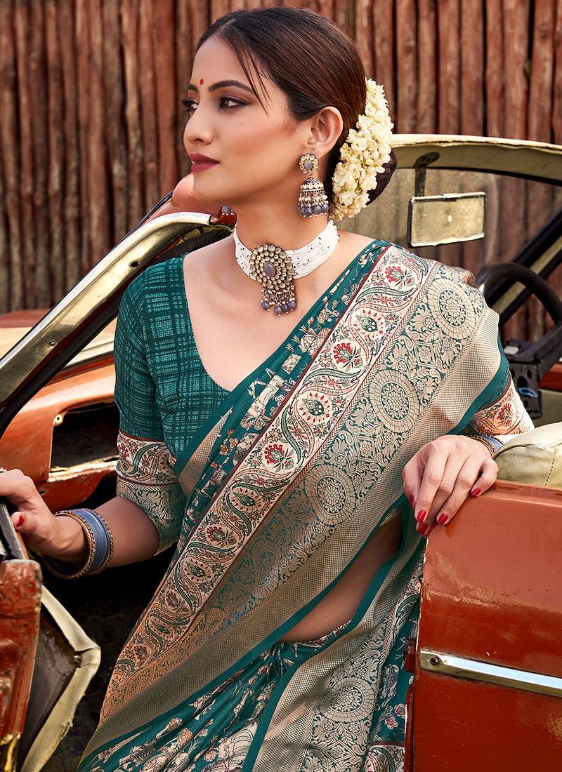 Teal Green Digital Print Traditional Saree Discount From China