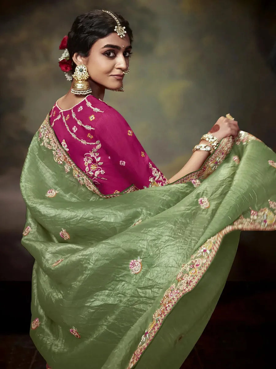 Elegant Pista Green Embroidered Fancy Saree Pices For Sale