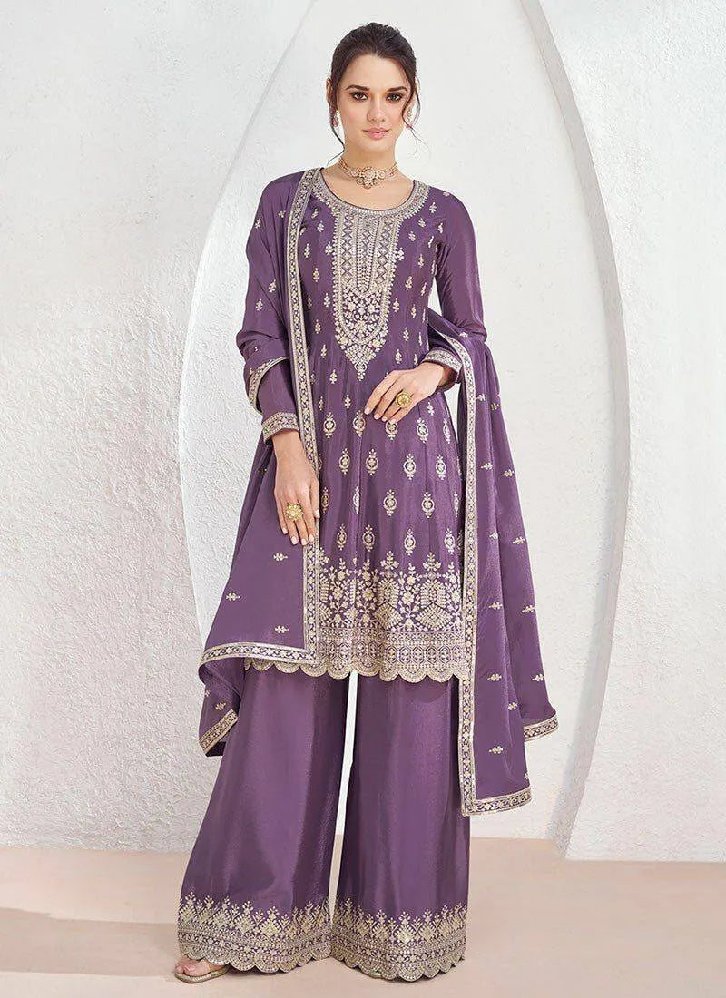 Glowing Lavender Chinon Embroidered Palazzo Suit Supply Cheap Pice