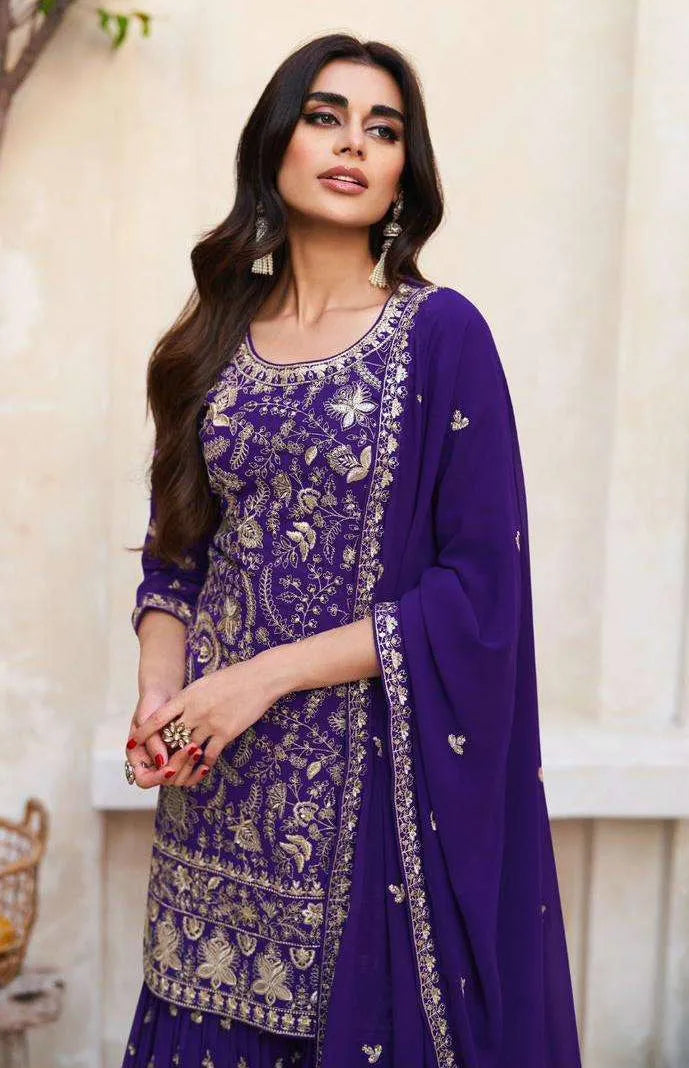 Charming Dark Purple Georgette Embroidered Sharara Suit Clearance 2025