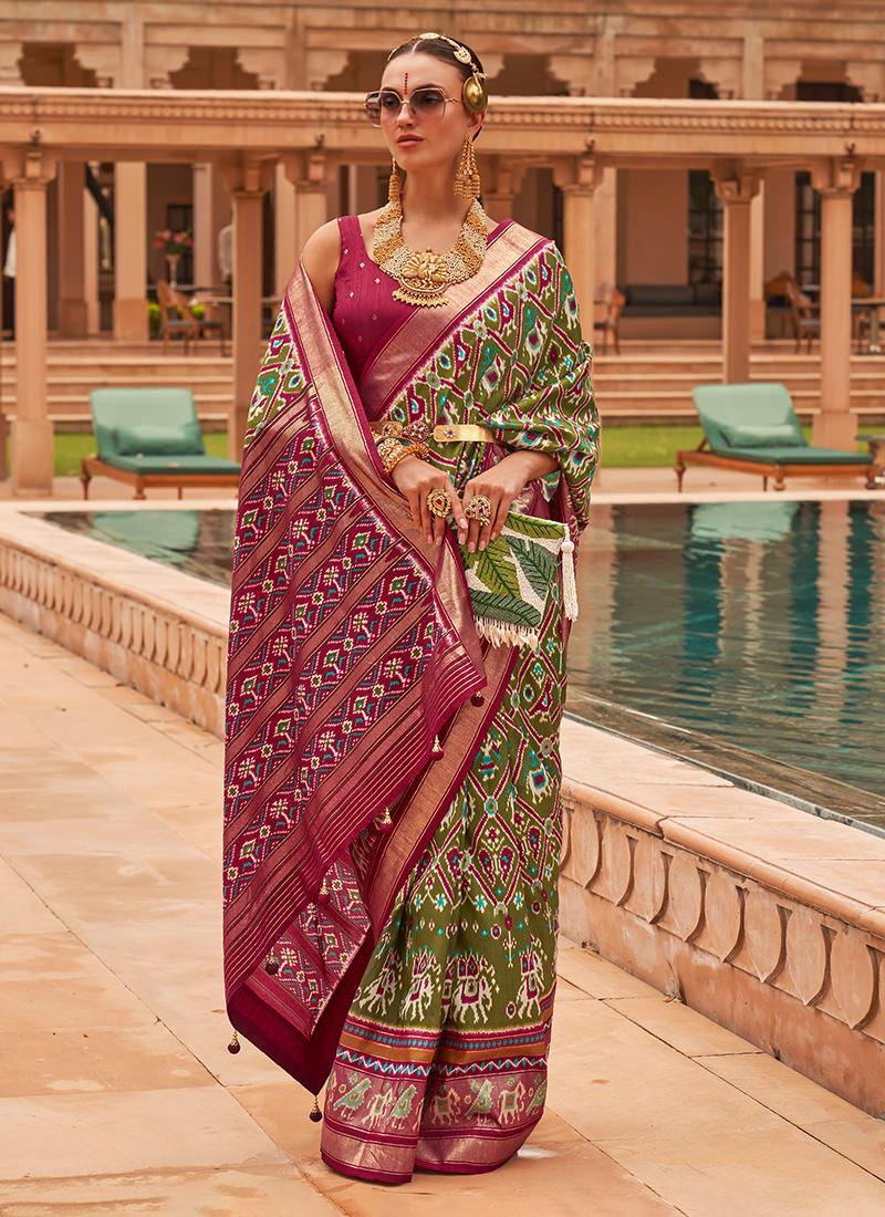 Green Smooth Silk Foil Print With Patola Saree Under 70 Dollars