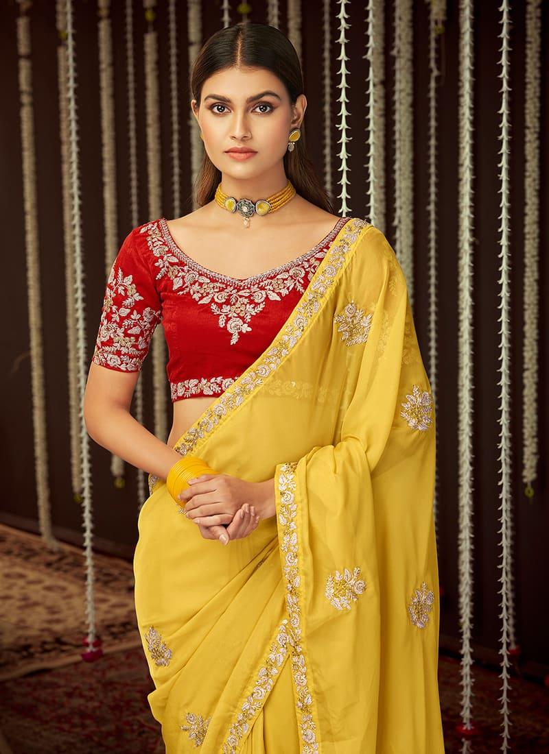 Organza Fabric Mustard Yellow Color Embroidered Saree With Contrast Blouse For Sale Sale Online