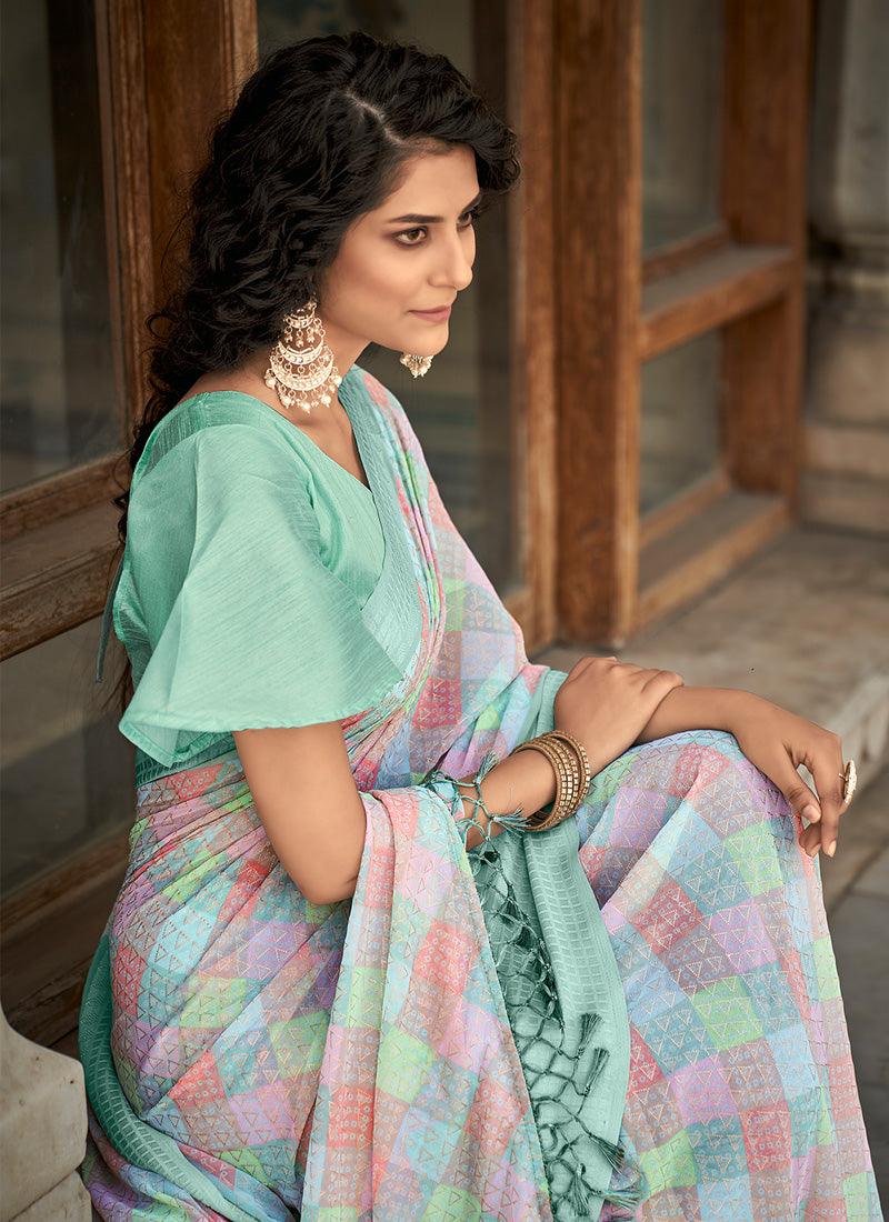 Check Patterned Short Flutter Sleeves Printed Saree Nicekicks