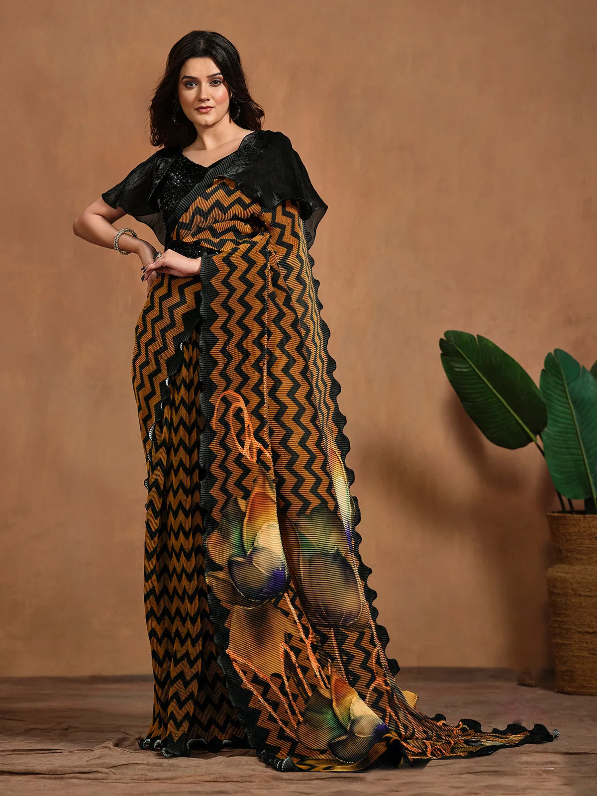 Brilliant Brown Satin Silk Digital Printed Ready To Wear Saree Explore Online