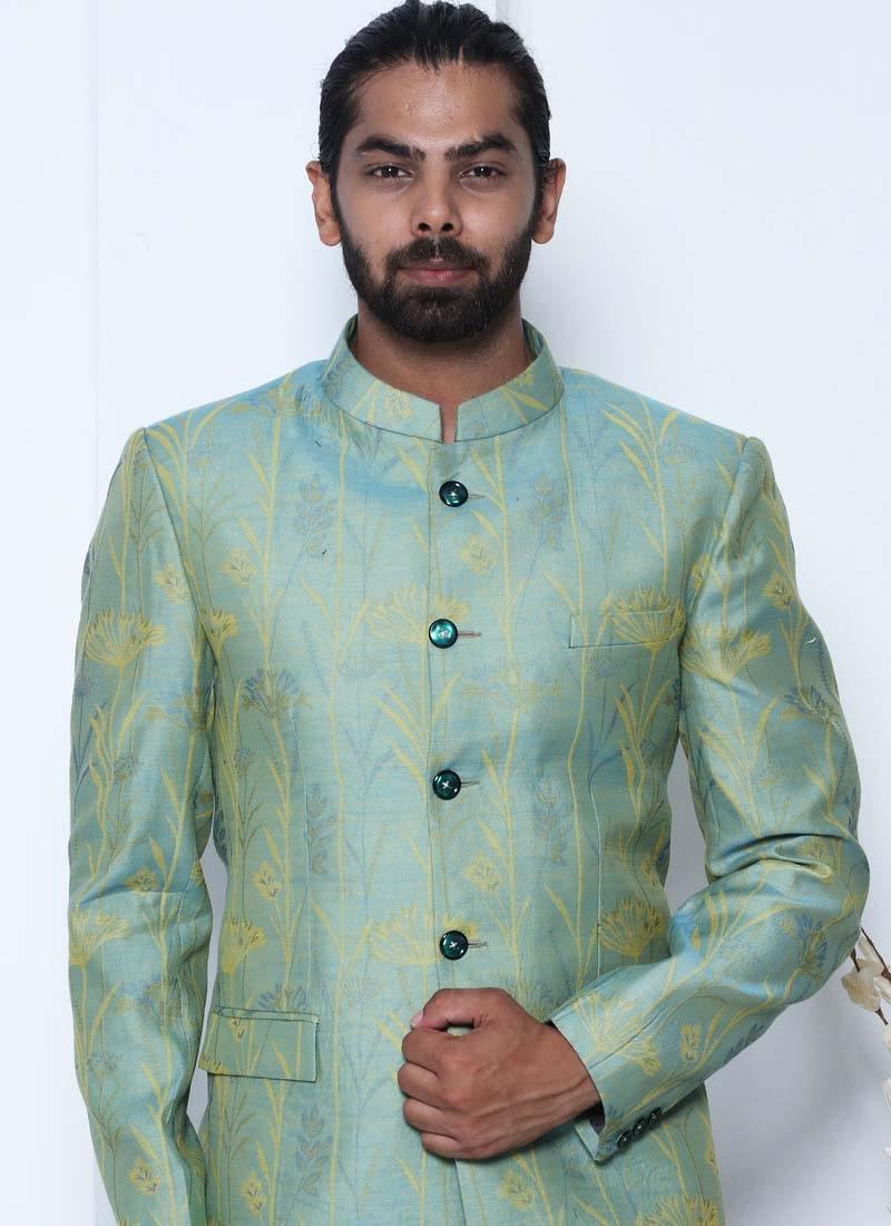 Light Green Color Printed Pattern Cotton Fabric Designer Jodhpuri Suit Cheap Fashion Style