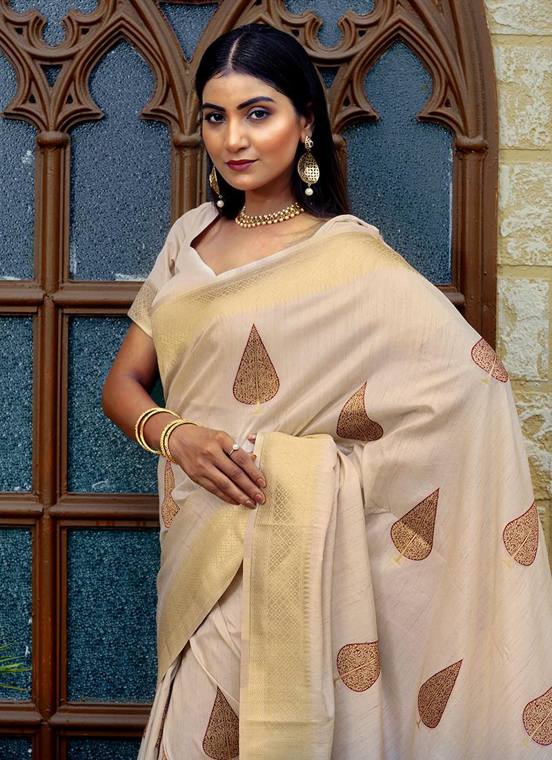 Cream Color Leaves Print Silk Saree Buy Cheap Footlocker Pictures