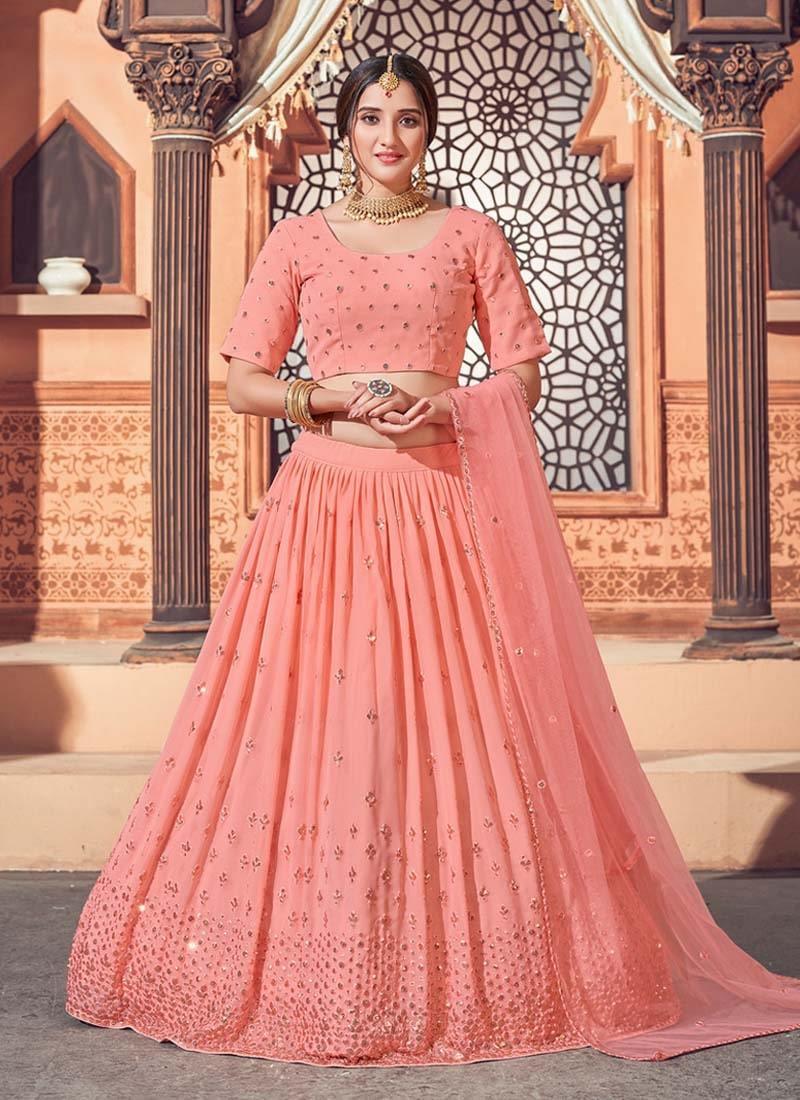 Exquisite Peach Color Georgette Fabric Sequins Work Lehenga Choli Manchester