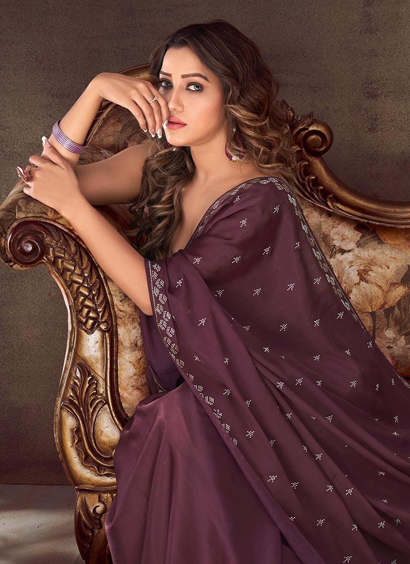 Stone Work Wine Color Classic Saree Official Sale Online