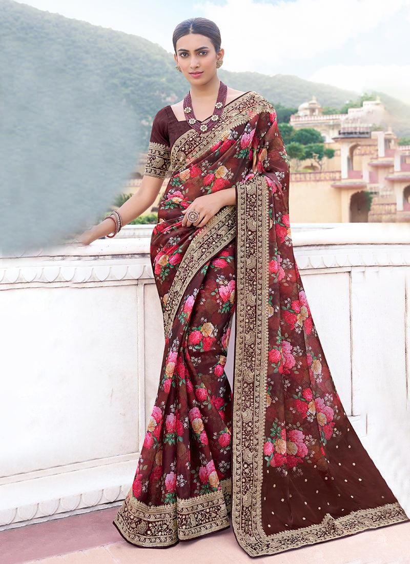 Embroidered Maroon Organza Floral Saree Cheap Sale Many Kinds Of