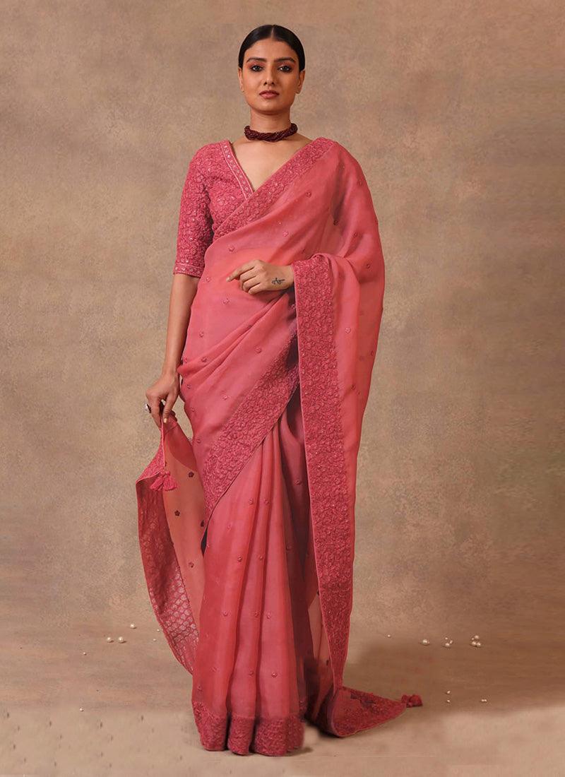 Elegant Peach Pink Color Organza Base Saree With Thread And Sequins Work Buy Cheap Extremely