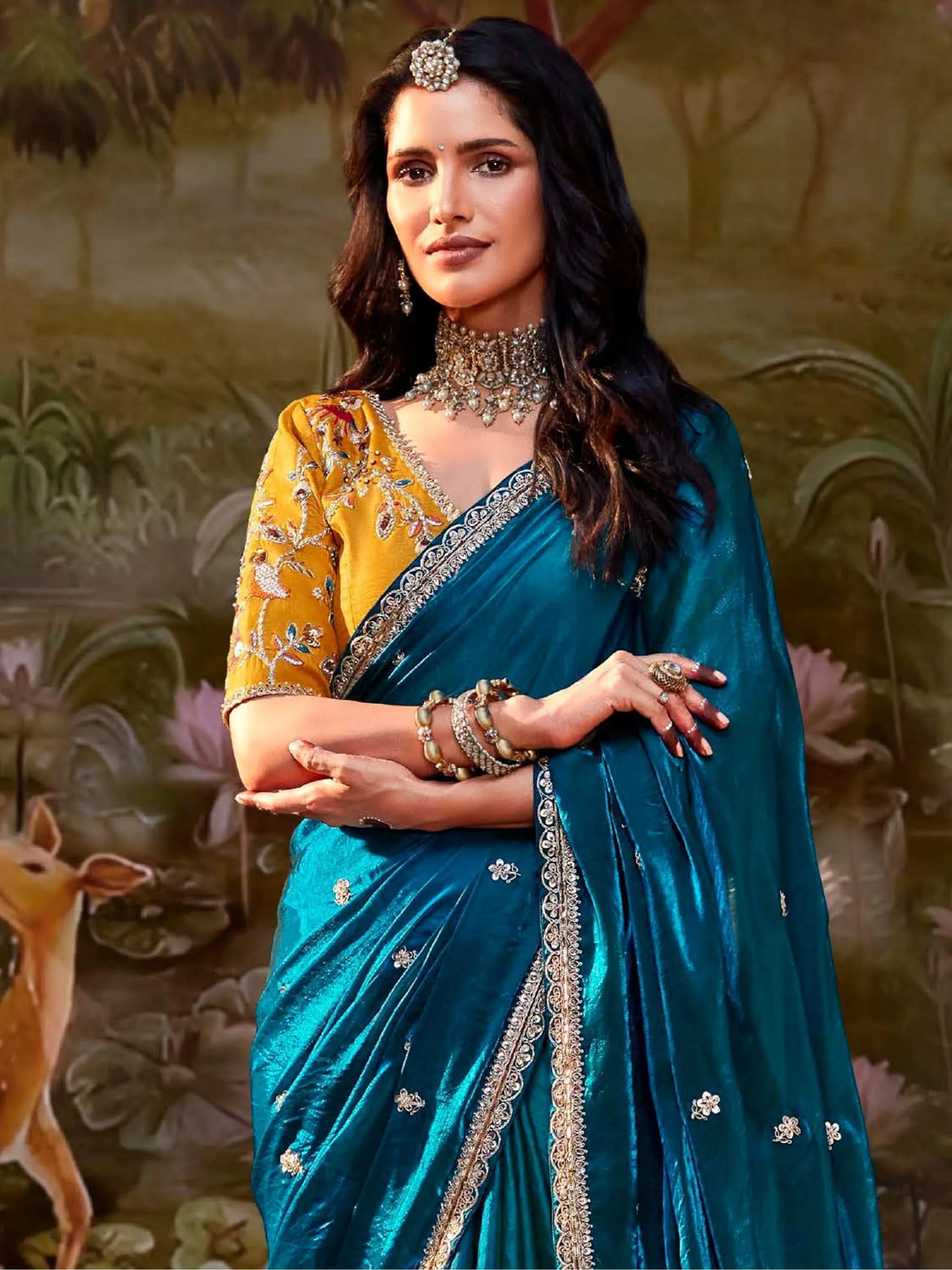 Teal Blue Colored Organza Sequins Emroidered Designer Saree Pre Order For Sale