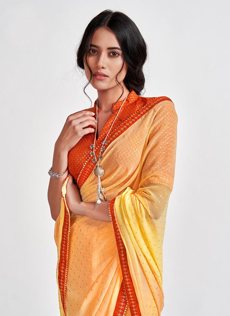 Lemon Yellow Color Georgette Material Printed Saree Online Online Clearance