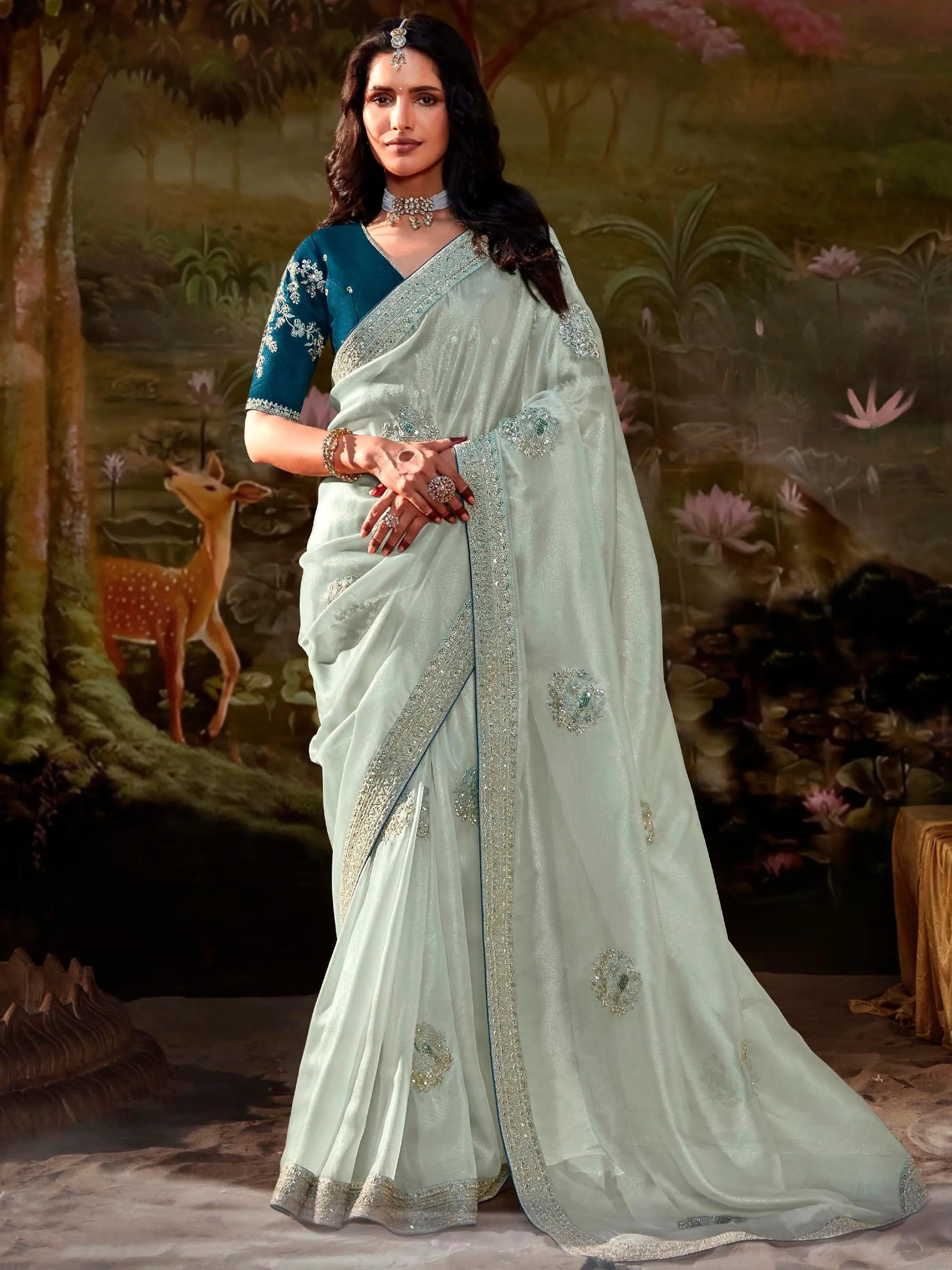 Powder Blue Pure Organza Sequins Embroidered Designer Saree Clearance Pre Order