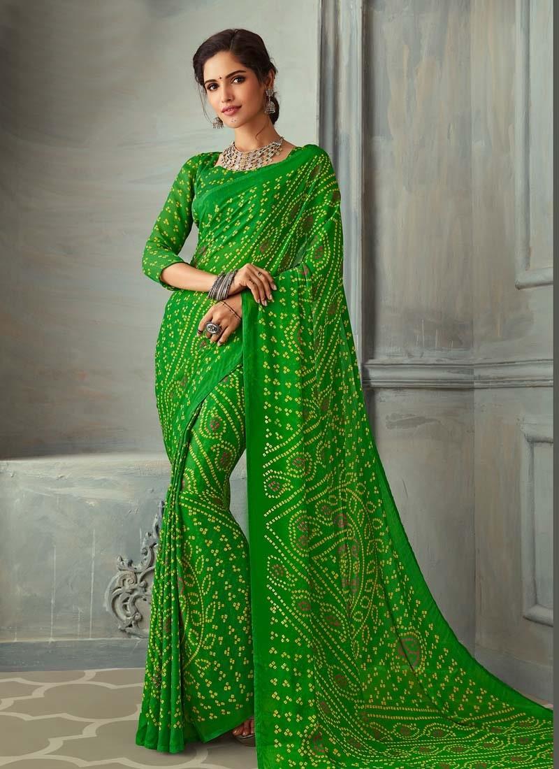 Grateful Green Color Bandhej Printed Chiffon Base Saree Sale Fast Delivery