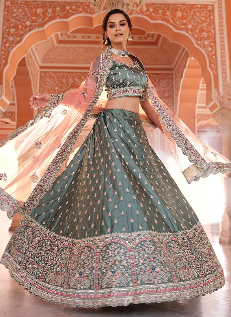 Rama Green Color panelled Lehenga With Thread And Zari Work Clearance 2025 Unisex