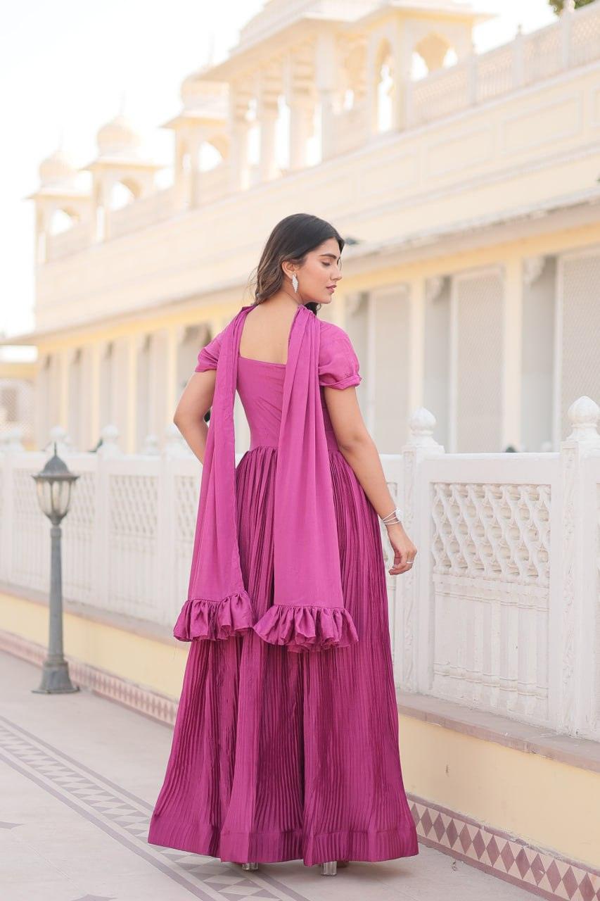 Pink color Chiffon printed Crush Pleated gown Clearance Buy