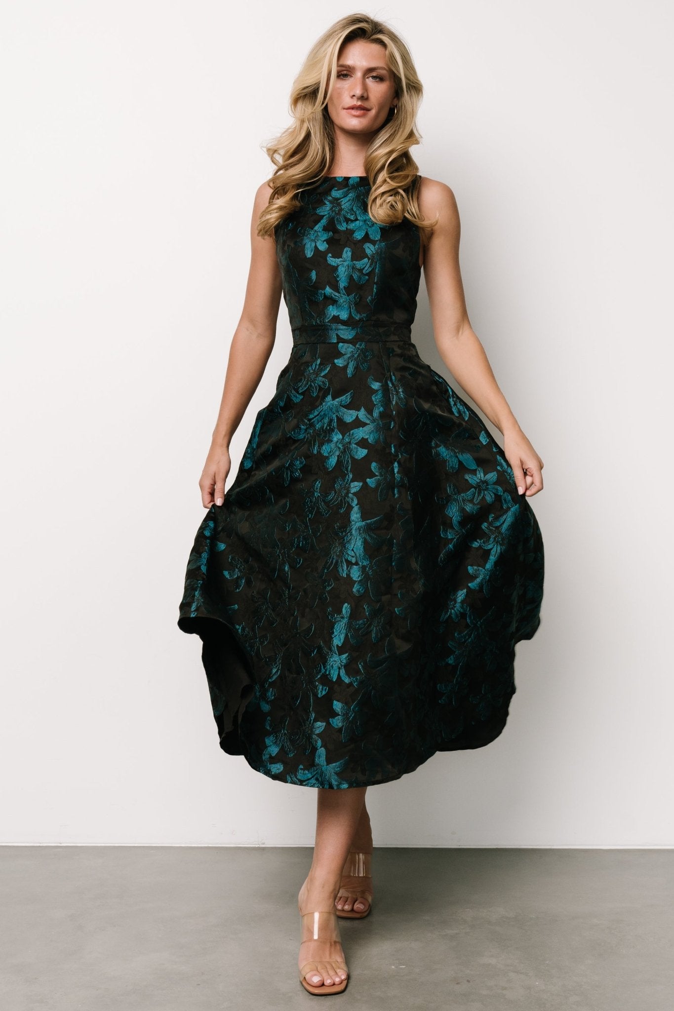 Maren Embossed Midi Dress | Black + Teal Floral Discount 2025 New