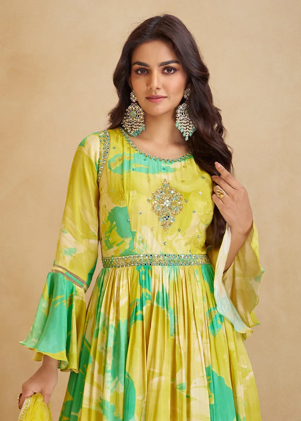 Lemon Yellow Digital Floral Printed  Chinon Anarkali Gown With Dupatta Best Sale Online