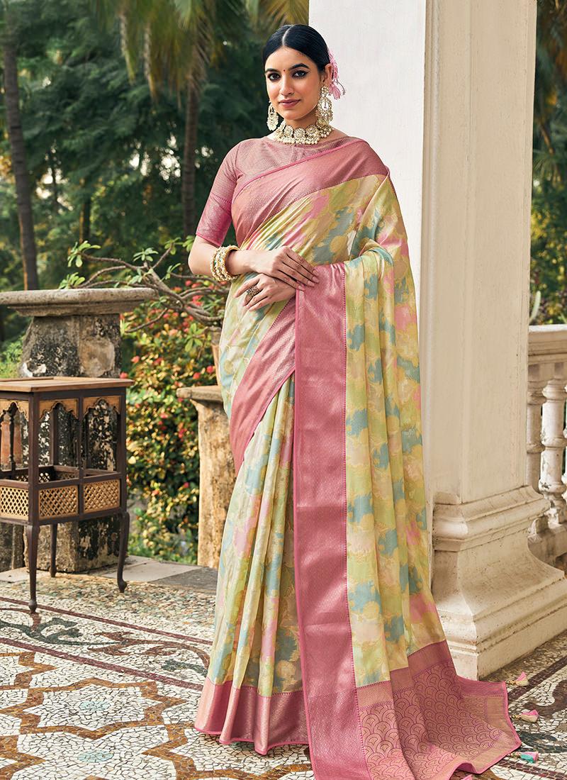 Classic Wear Printed Light Yellow Organza Saree Buy Cheap Countdown Package