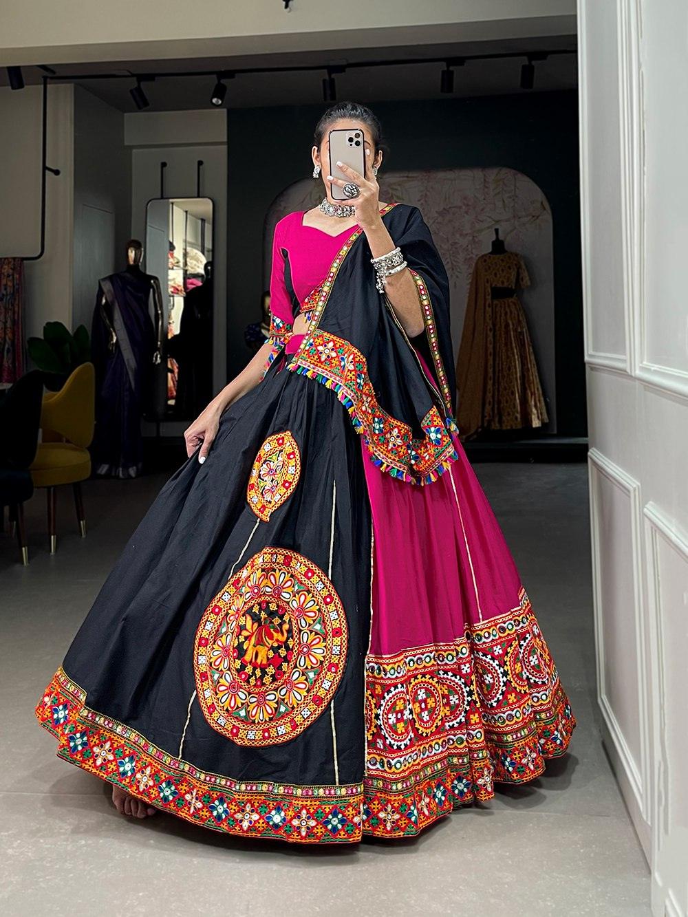 Black Pink Pure Cotton Gamthi Lace Border Worked Lehenga Choli Set Collections Online