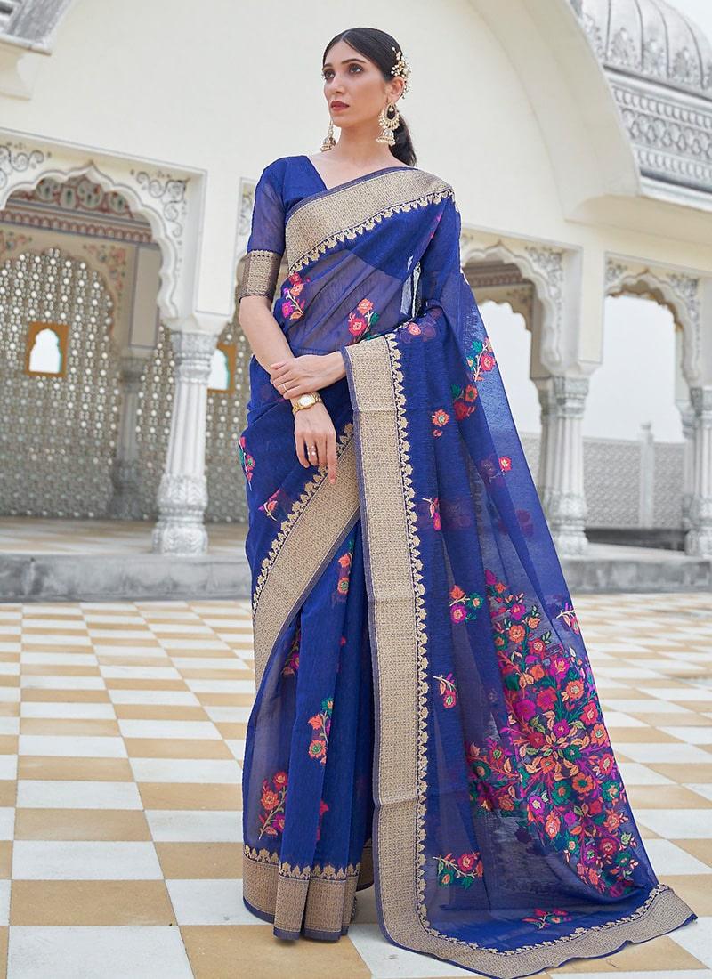 Gorgeous Look Royal Blue Color Linen Material Silk Weave Embroidered Saree Discount Cost