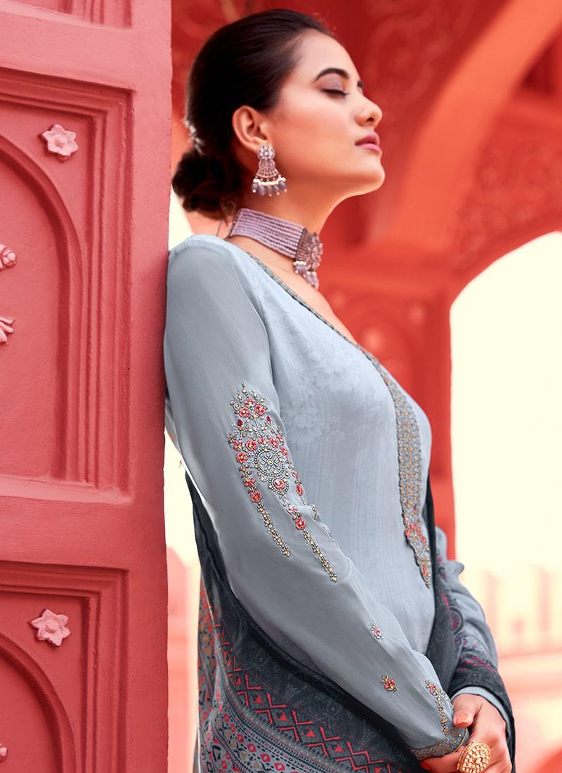 Light Grey Color Crepe Fabric Full Sleeves Printed Palazzo Suit Buy Cheap Discount