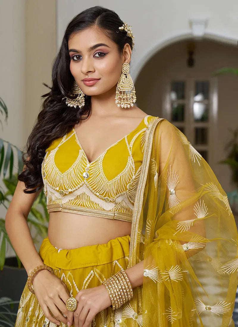 Designer Mustard Yellow Embroidery Wedding Lehenga Choli Very Cheap Pice