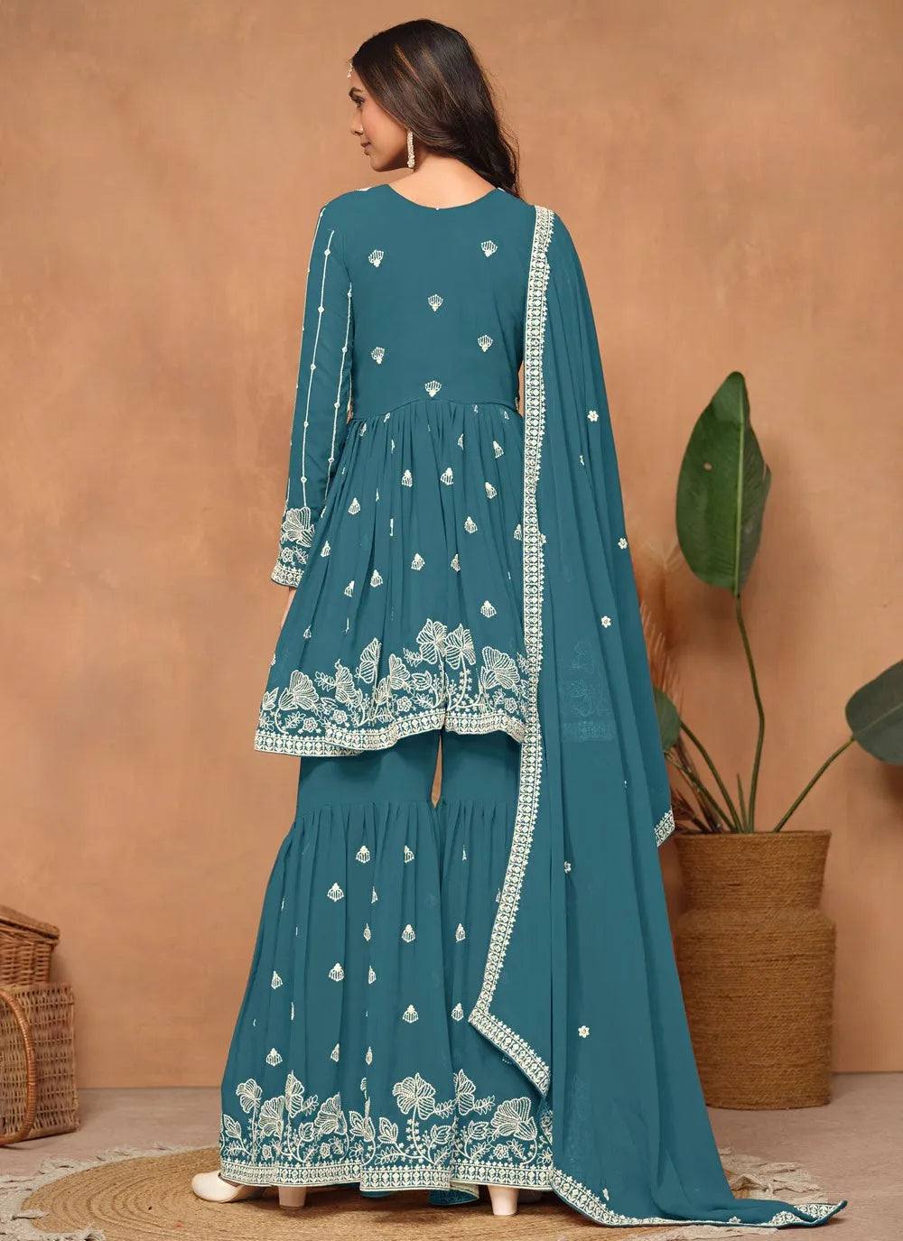 Teal Faux Georgette Sequins Embroidered Designer Top Sharara Suit Free Shipping Fashionable