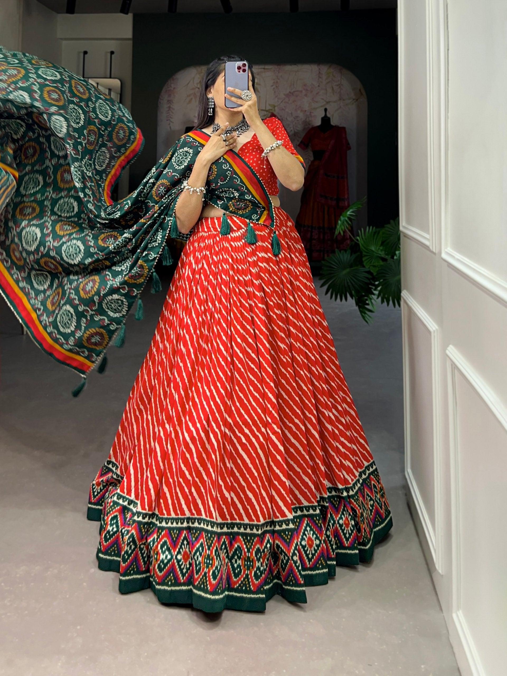 Navratri Wear Tussar Silk Leheriya Printed Lehenga Choli Set Sale Visit