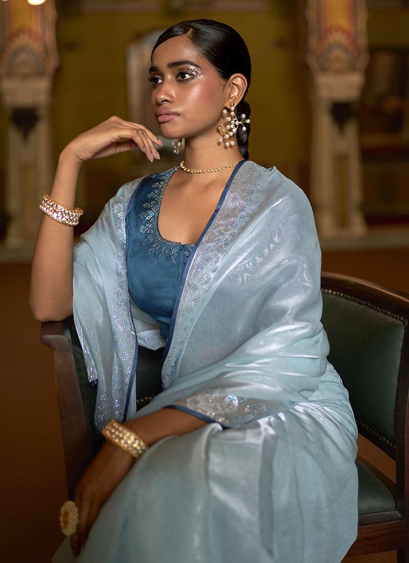 Organza Saree With Teal Blouse Free Shipping For Cheap