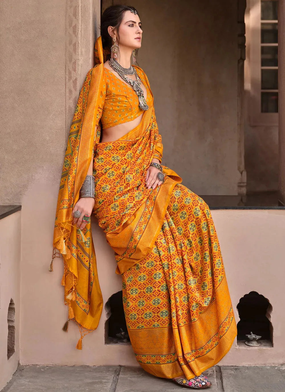 Marvelous Mustard Ajrakh Printed Sigma Silk Traditional Saree Outlet Amazing Pice