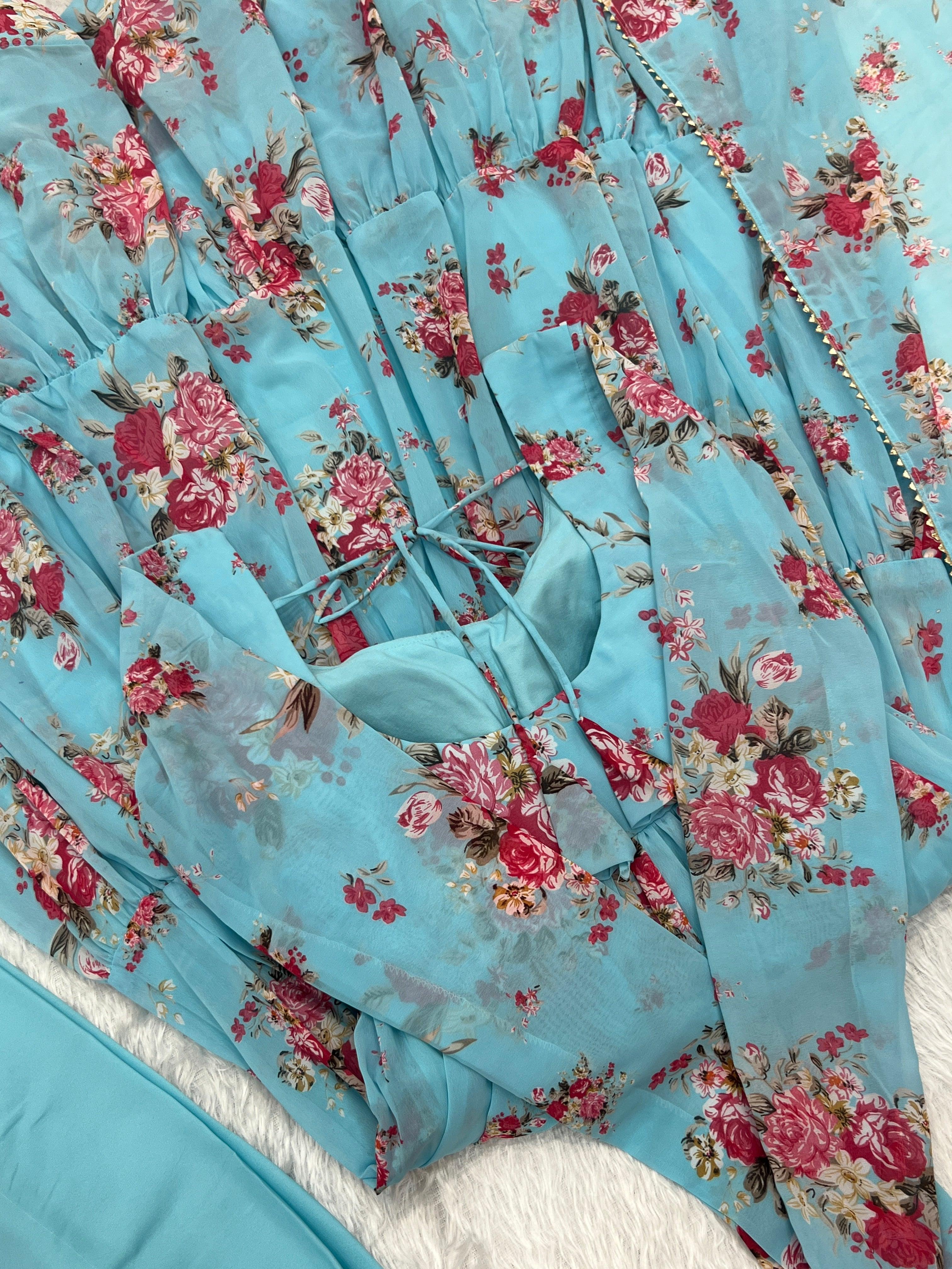 Sky Blue Pure Faux Georgette Floral Printed Ruffle Anarkali Pant Suit Cheap Sale New Arrival