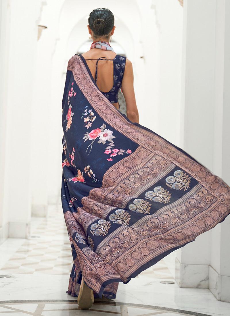 Astonishing Navy Blue Color Silk Fabric Floral Printed Saree Cheap Tumblr