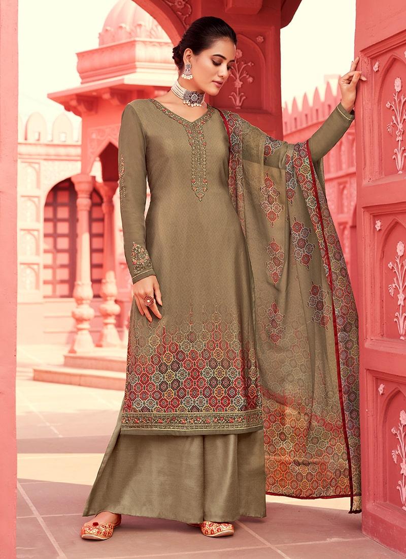 Brown Color Crepe Fabric Stone Work Printed Palazzo Salwar Suit Sale Online Cheap