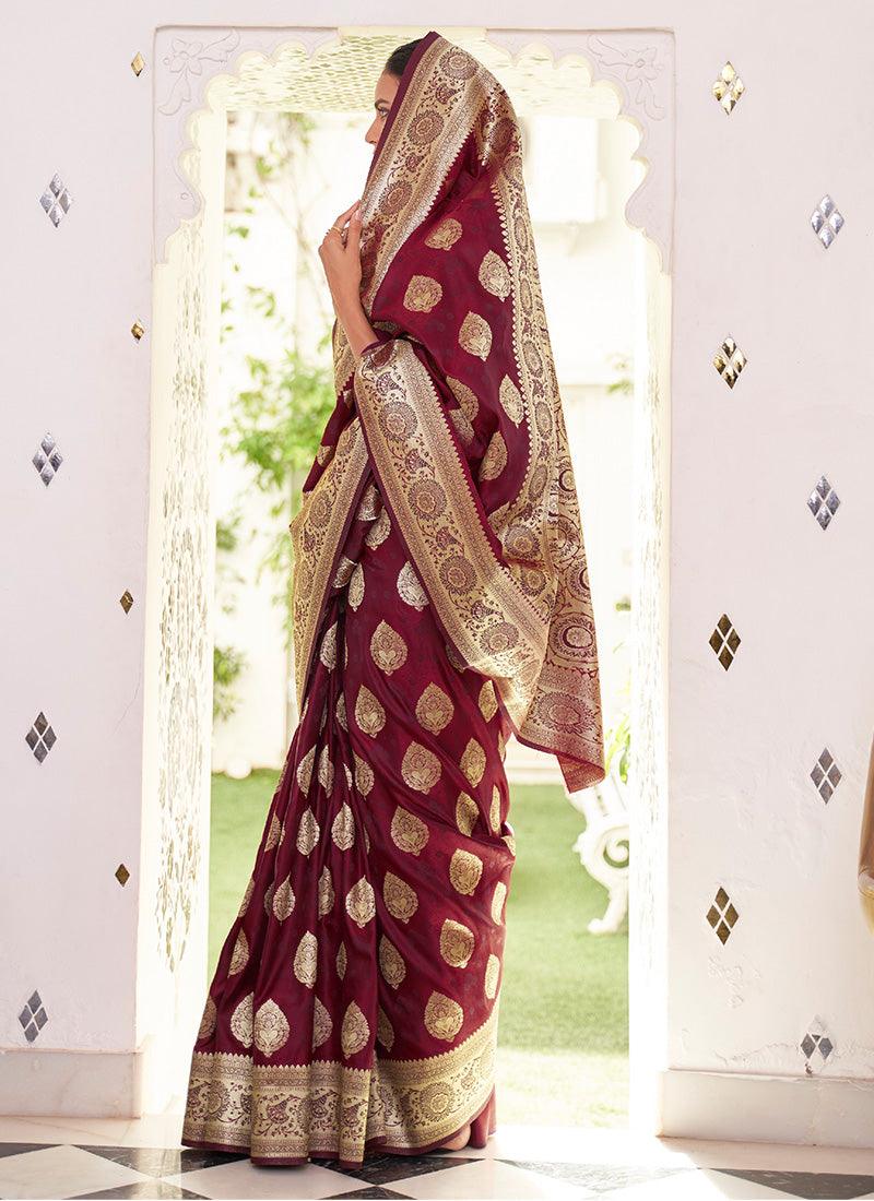 Silk Base Wine Color Printed Saree With Silk Weave Discount Low Shipping Fee