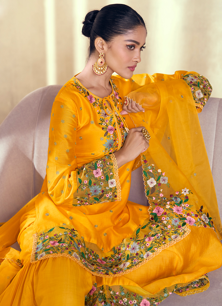 Designer Yellow Viscose Jacquard Silk Sharara Suit for Festive Wear Sale Top Quality