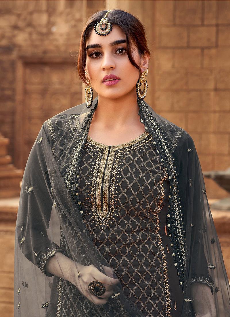 Grey Color Georgette Material Palazzo Suit With Zari Work Nicekicks