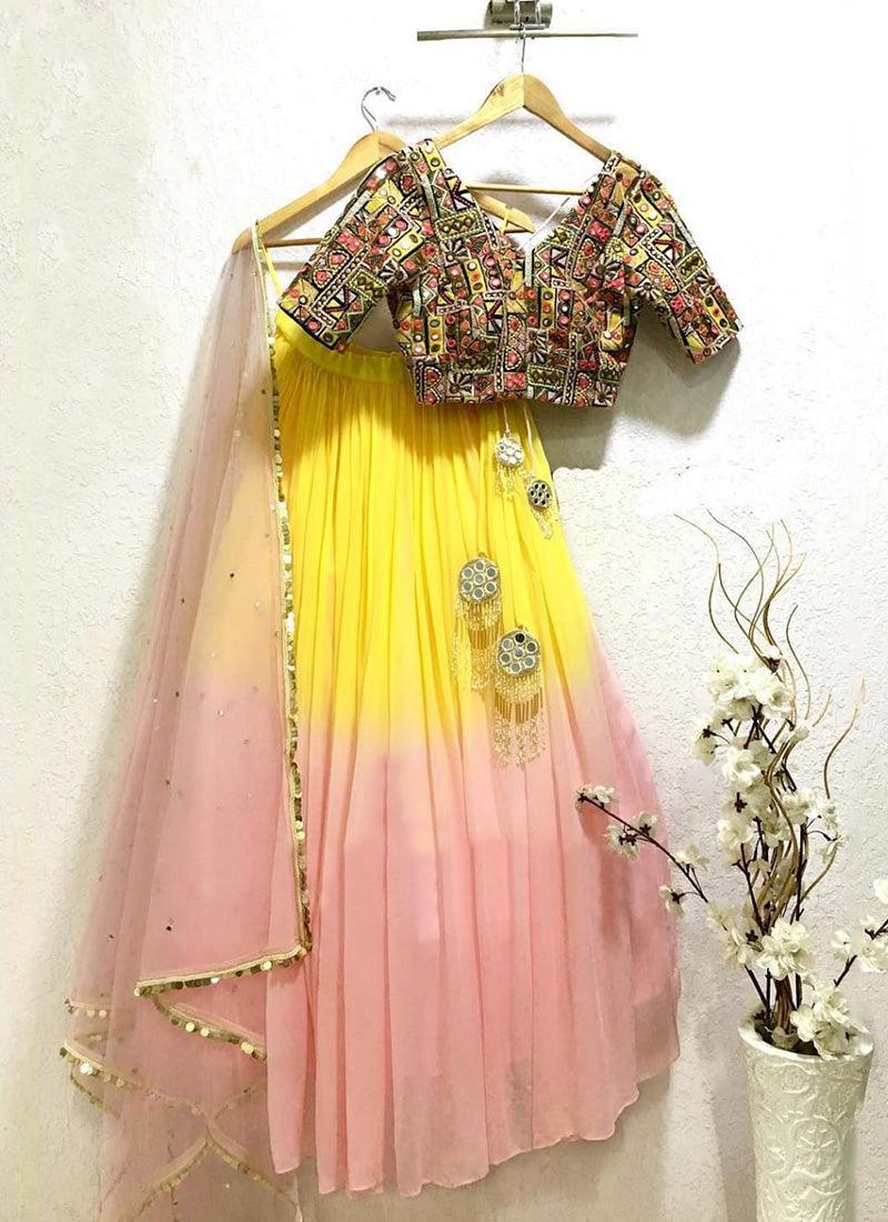 Heavy Work Blouse With Pink N Yellow Lehenga Cheap Usa Stockist