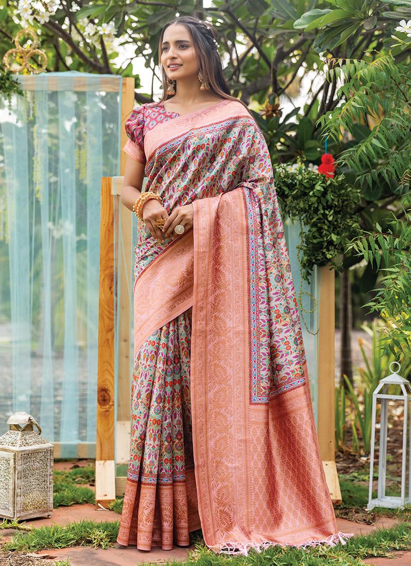 Cream Color Kashmiri Digital Printed Silk Base Saree With Puff Sleeve Blouse Buy Cheap Nicekicks