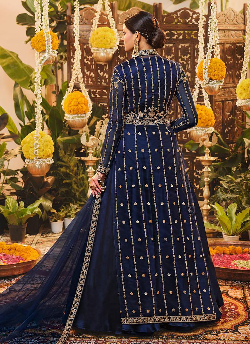 Band Collar Embroidered Navy Blue Pakistani Suit Classic