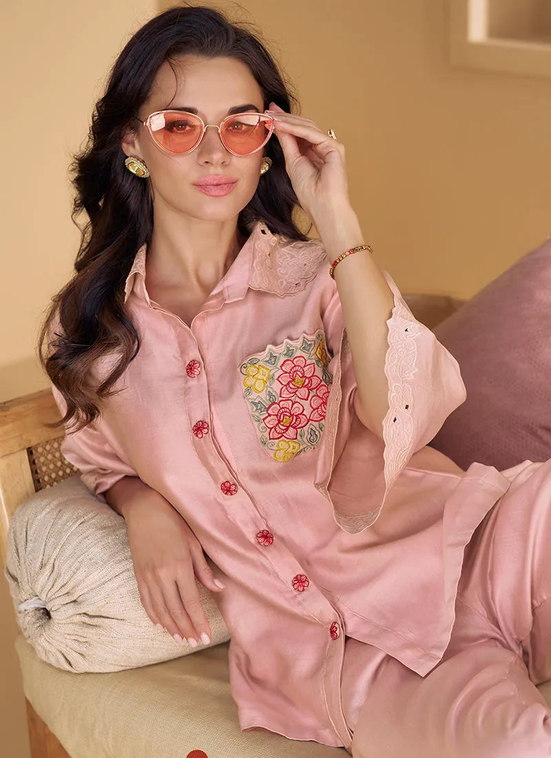 Pink Floral Embroidered Pure Silk Designer Co-Ord Set Official Cheap Online