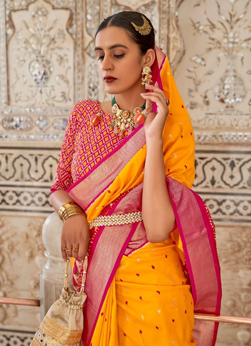 Yellow Color Patola Silk Saree With Contrast Boat Neck Blouse Sale Release Dates