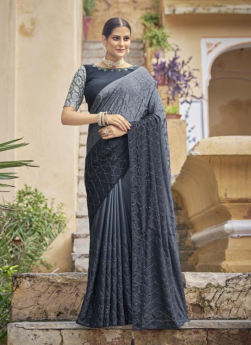 Embroidered Chinon Grey Saree Sale Wide Range Of