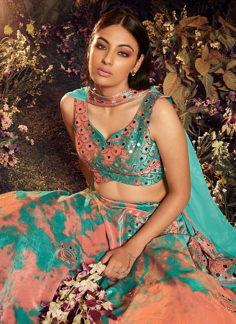 Shibori Print With Heavy Mirror Turquoise Lehenga Cheap Shop