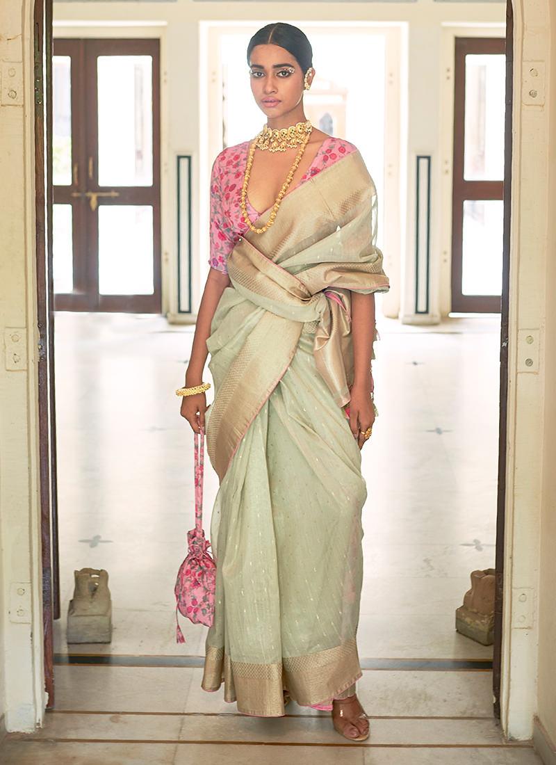 Sea Green Organza Saree With Printed Blouse Looking For Sale Online