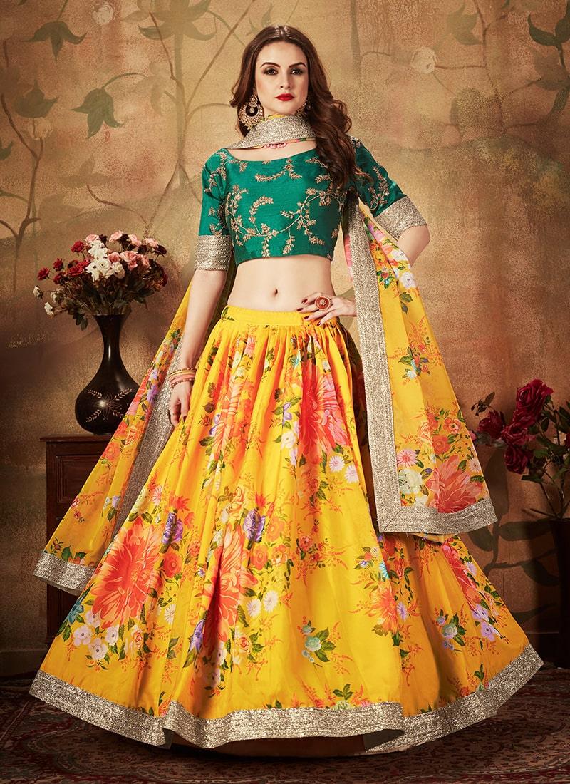 Ethnic Wear Yellow Color Organza Fabric Floral Print Lehenga Great Deals Cheap Pice