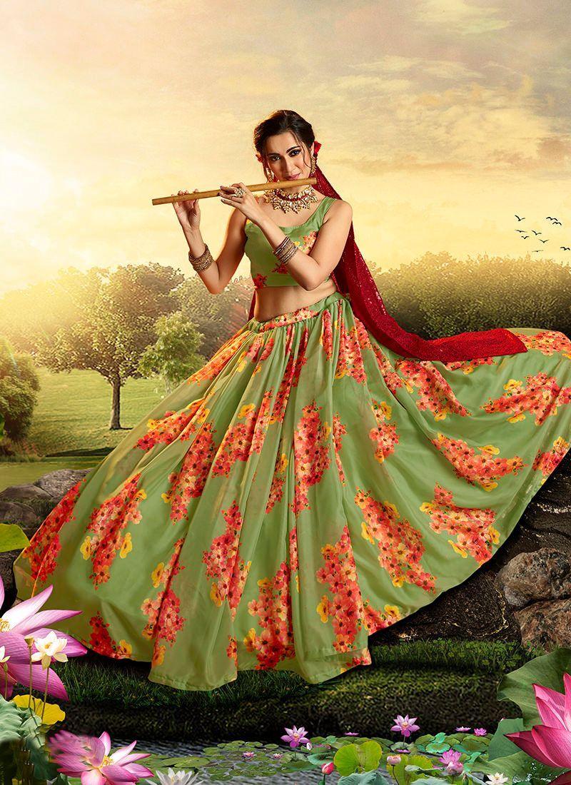 Green Organza printed Lehenga Choli with red dupatta Perfect For Sale