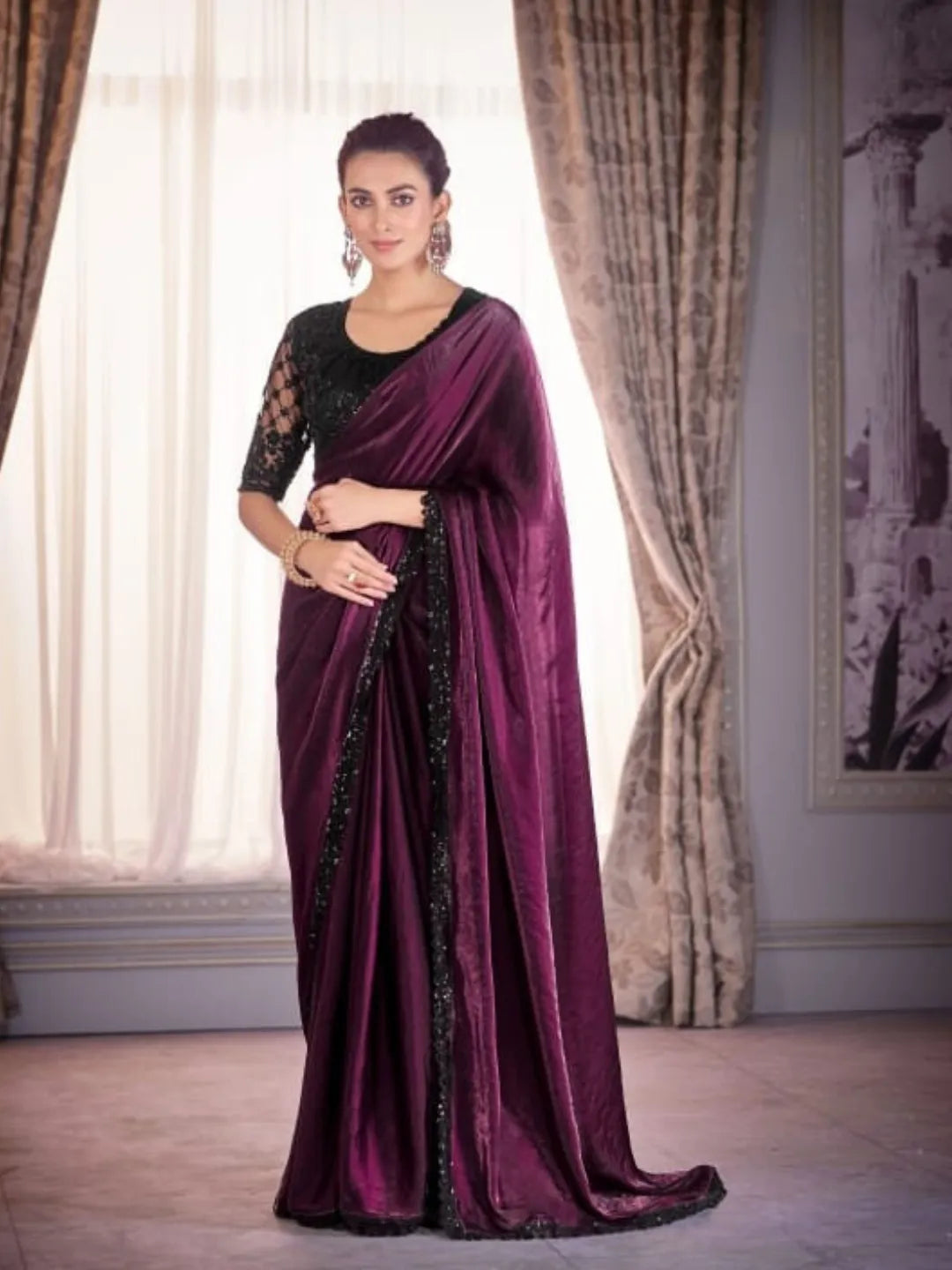 Gorgeous Wine Satin Organza Embroidered Saree Clearance 100% Guaranteed