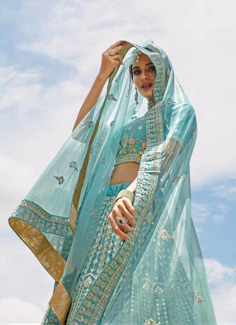 Turquoise Color Organza Base Lehenga Choli With Zari And Gota Work Fashionable Cheap Online