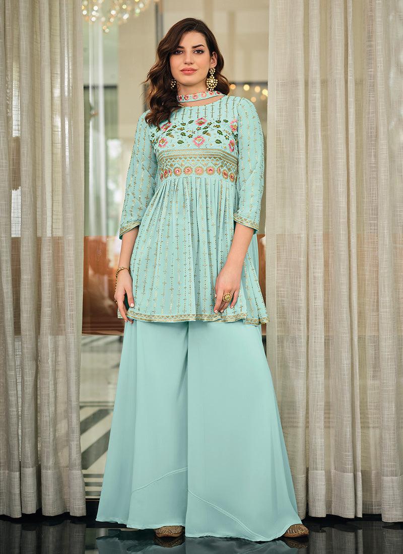 Boat Neck Sequins Work Sky Blue Palazzo Suit Discount Best Pices